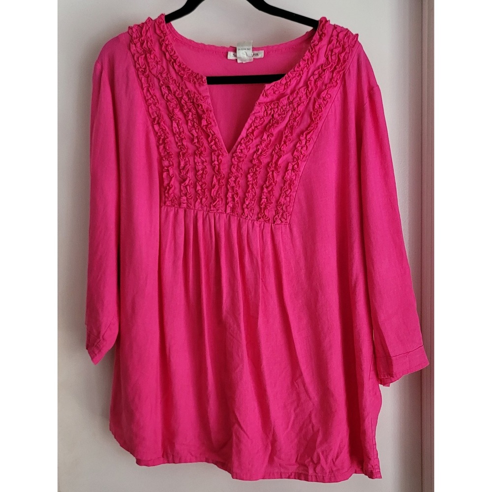Susan Bristol Blouse 2X Pink 3/4 Sleeve Split Neck Linen Rayon Top Shirt